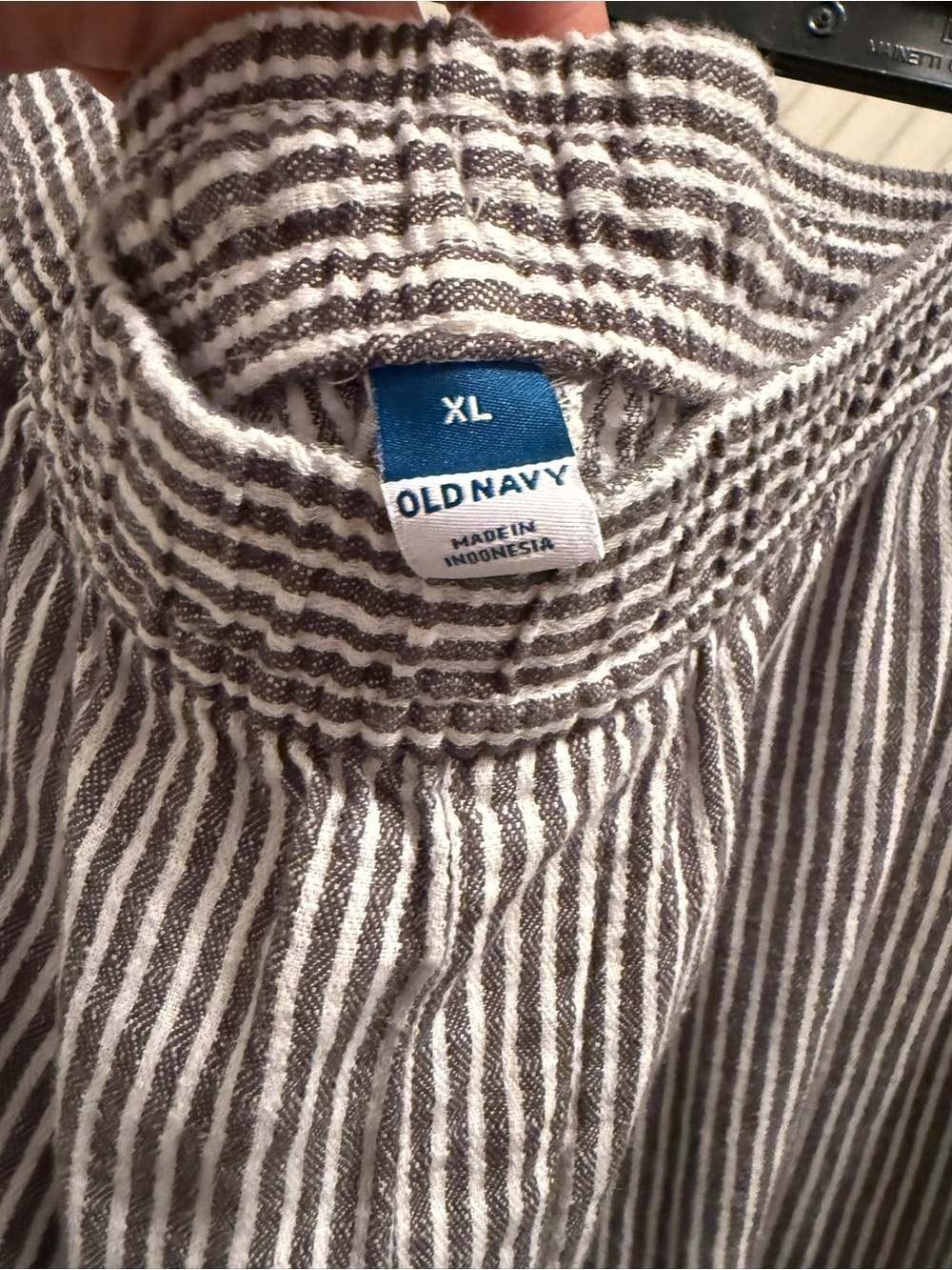 Grey and white linen and cotton pants.